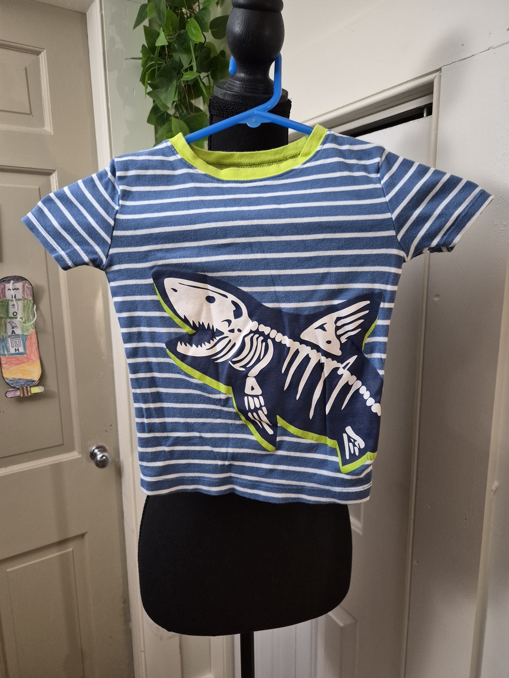 Kids Blue Striped Shark Graphic Tee with Lime Trim and Matching Shorts.